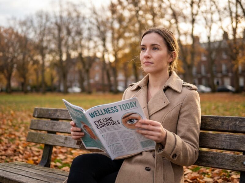 Jeune femme lisant un magazine de santé sur la vue dans un parc en automne avec feuilles dorées