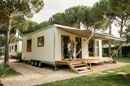 Couple devant un mobil-home français moderne dans un camping provençal entouré de pins