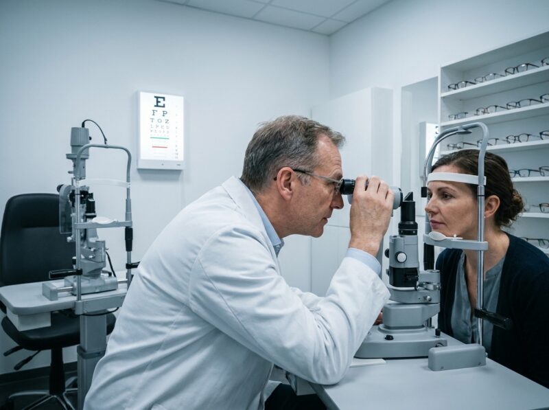 Ophtalmologue examinant la vue d'un patient dans un cabinet médical moderne équipé